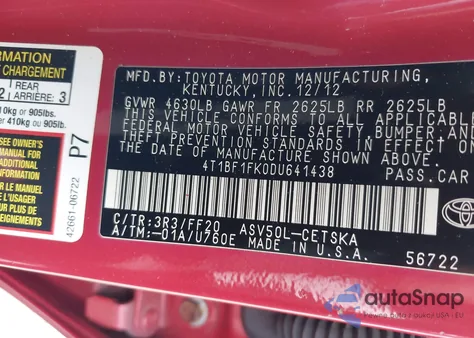 2013 Toyota Camry L from USA, damaged, VIN 4T1BF1FK0DU641438